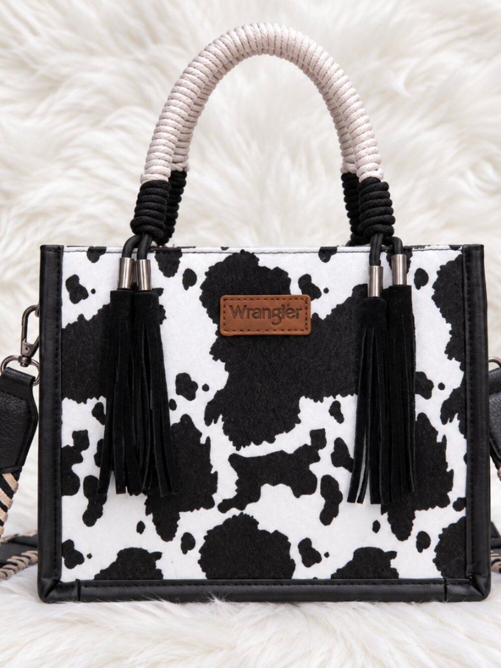 Wrangler Black Structured Crossbody Tote Handbag with Woven Strap
